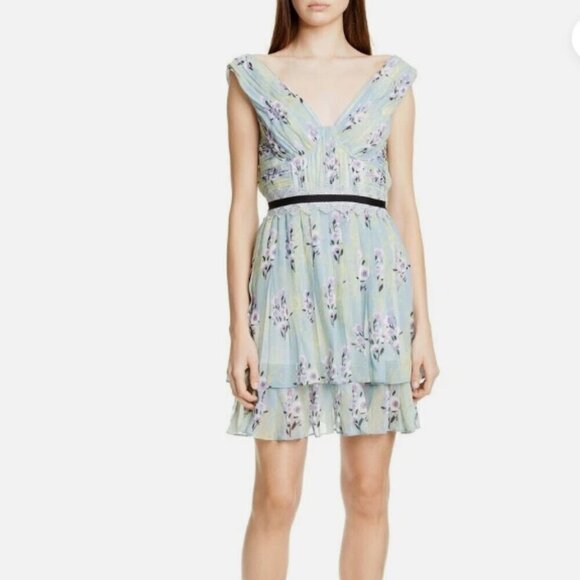 NWT Self-Portrait Floral Lace Chiffon Mini Dress | Mint | US 8 / UK 12 - Picture 1 of 12